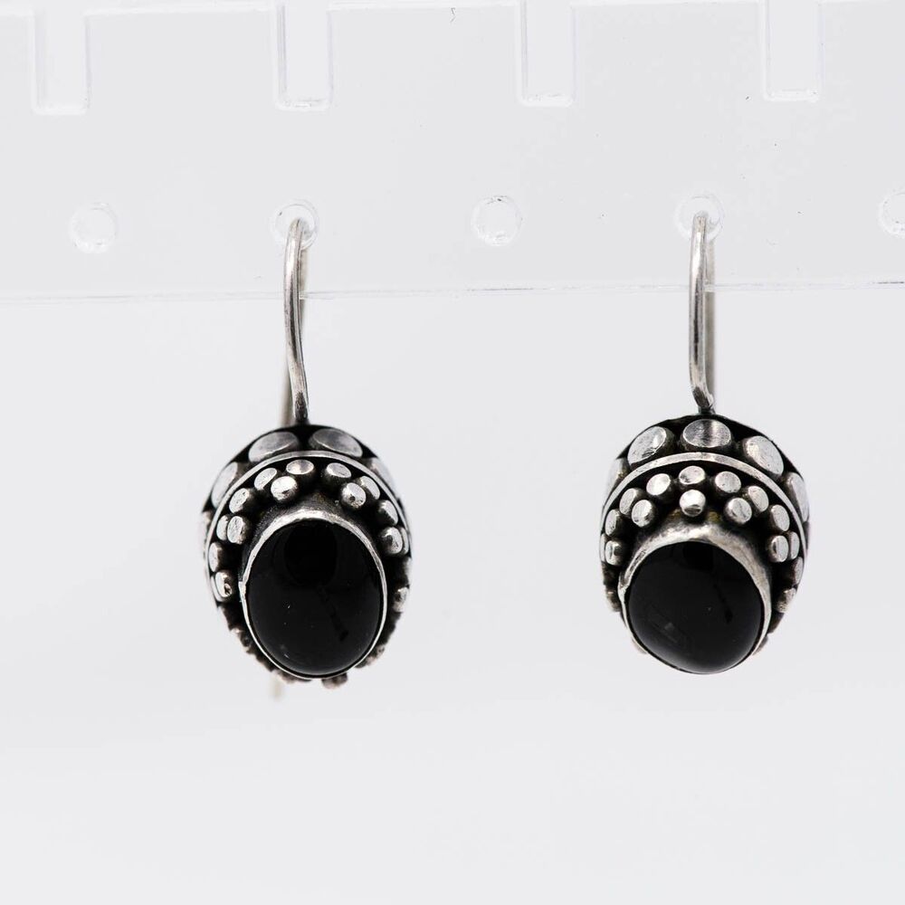 Sterling Silver Marked 925‎ Round earrings with black glass sculptural Pierced